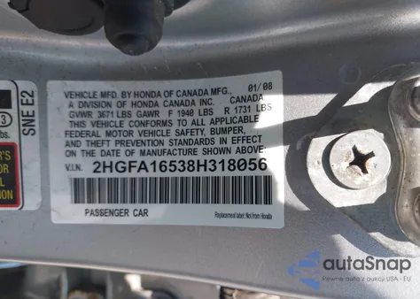 2008 Honda Civic Lx from USA, damaged, VIN 2HGFA16538H318056